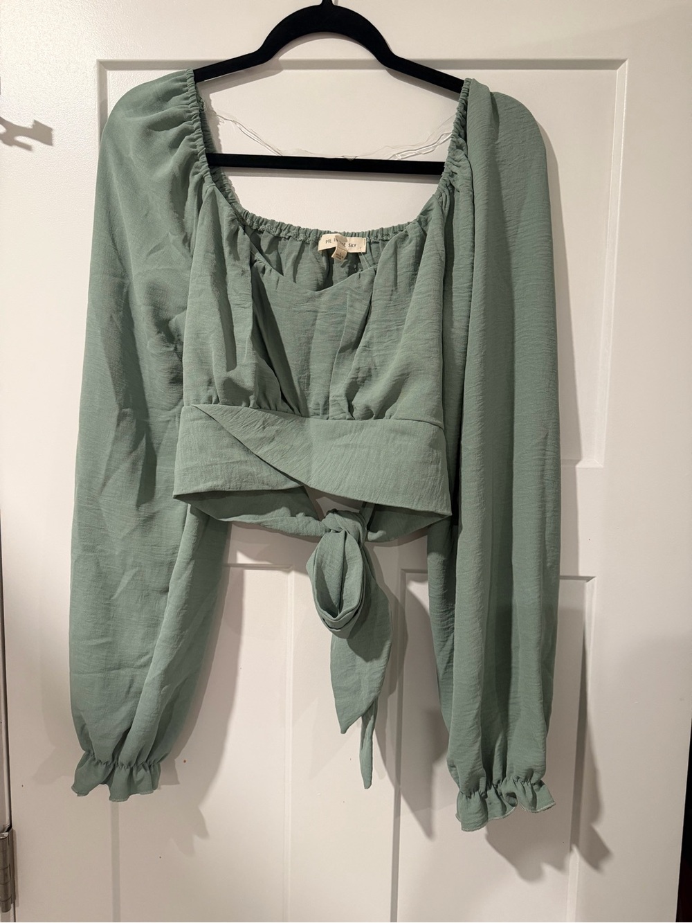 Unknown Brand Sage Green Tie-Front Peasant Blouse